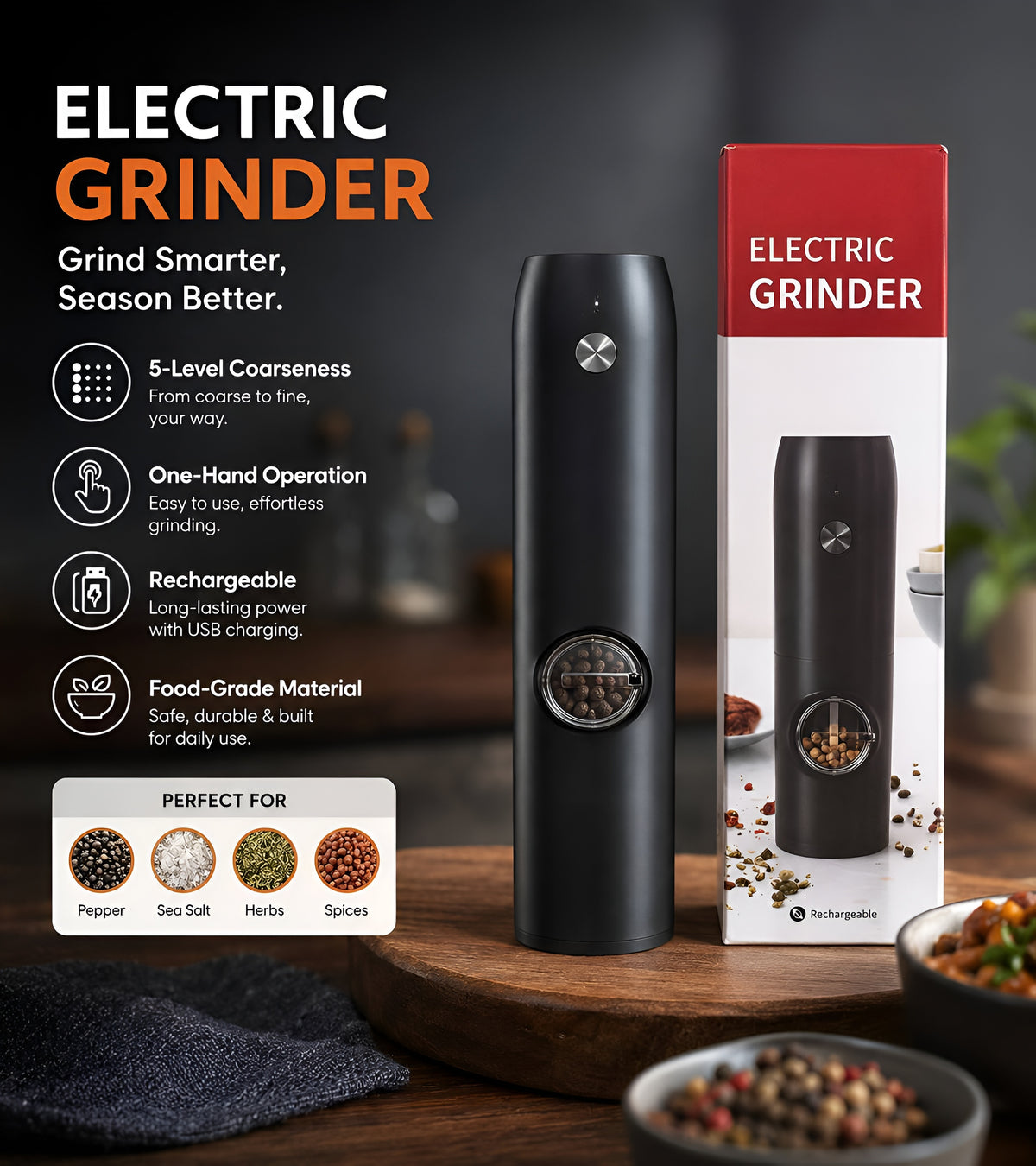 Electric Salt and Pepper Grinder Set Rechargeable Electric Dried Spice Mills Adjustable Coarseness Automatic Grinder, One Handed Operation with Type